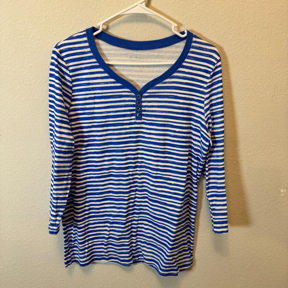 Kim Rogers‎ Striped 3/4 Sleeve Henley Top Blue White Women's Size Large